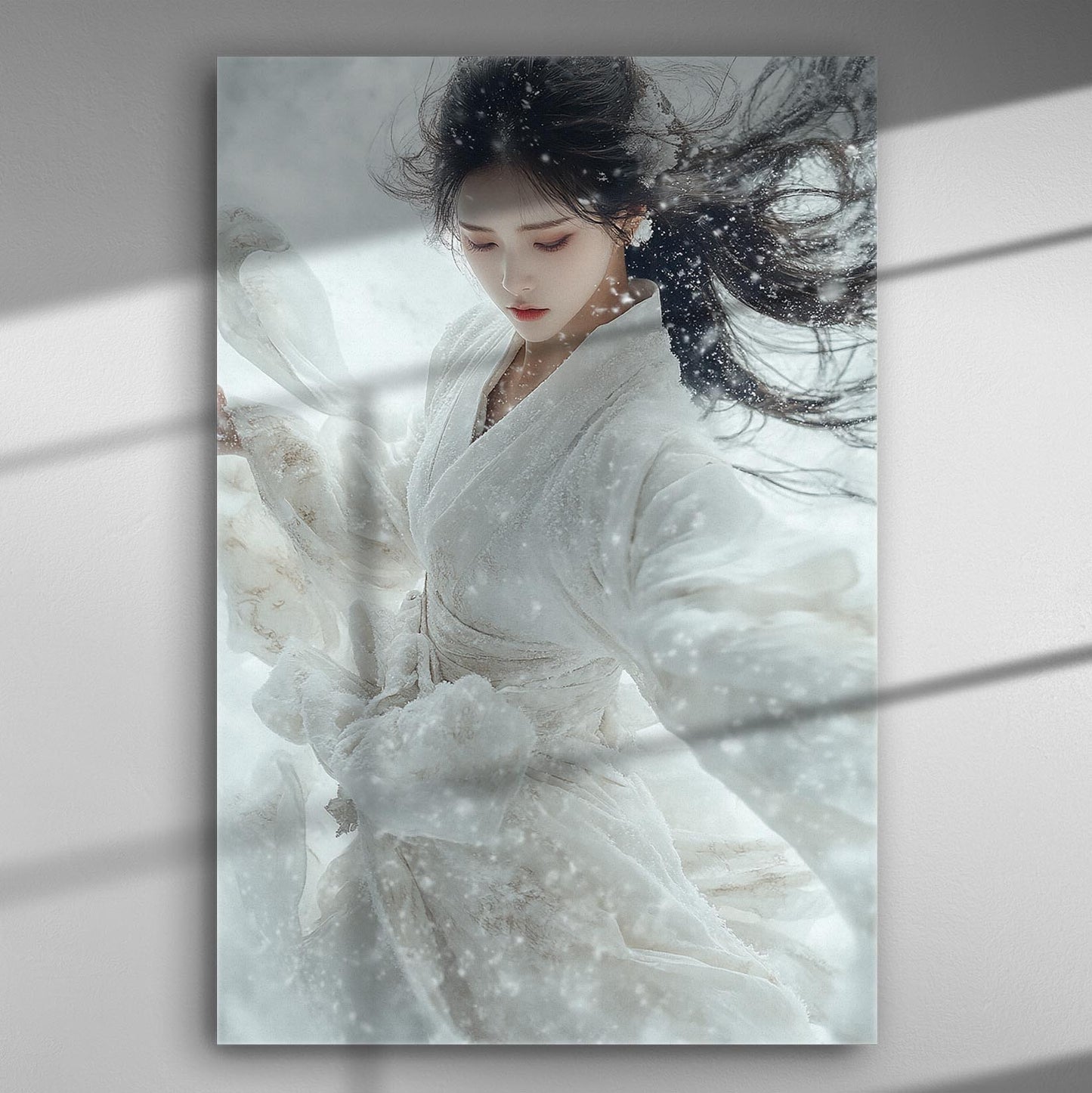 Ethereal woman dancing in snow, wearing flowing white attire