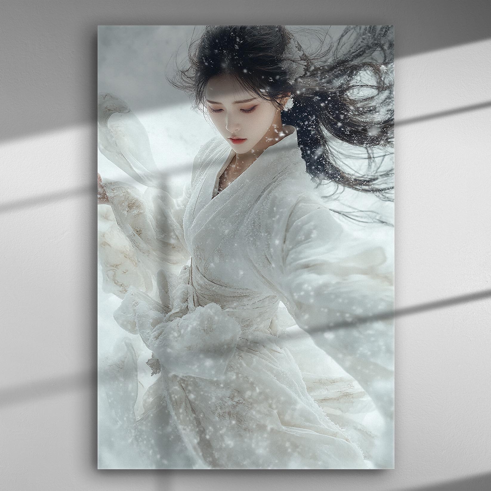Ethereal woman dancing in snow, wearing flowing white attire