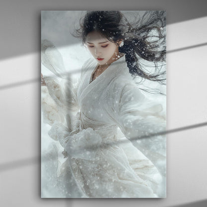 Ethereal woman dancing in snow, wearing flowing white attire