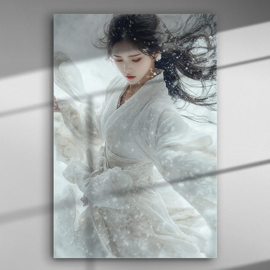 Ethereal woman dancing in snow, wearing flowing white attire