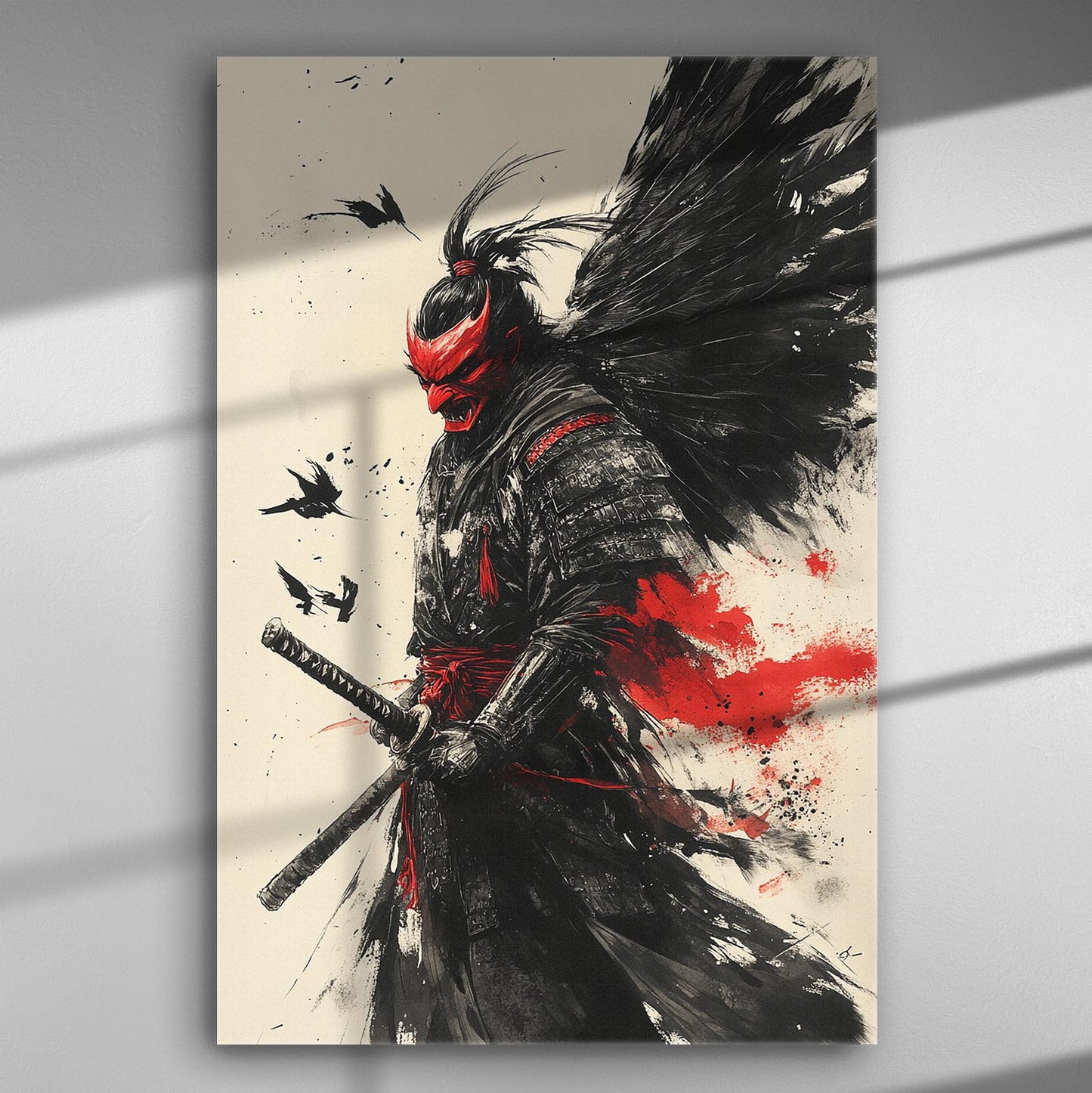 Impressive samurai artwork in red and black on a canvas, with dynamic pose and expression.