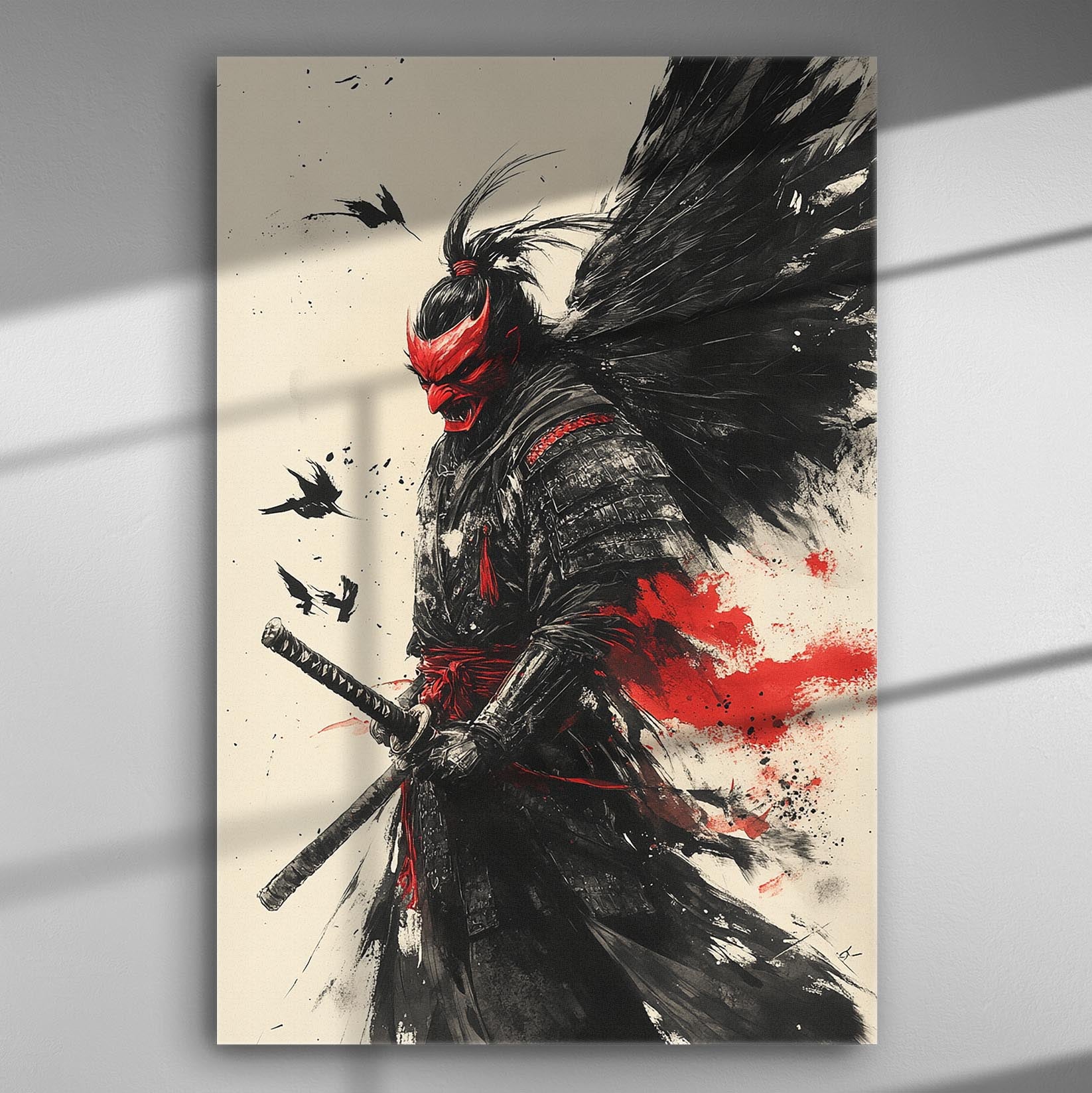Impressive samurai artwork in red and black on a canvas, with dynamic pose and expression.