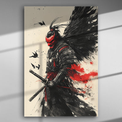 Impressive samurai artwork in red and black on a canvas, with dynamic pose and expression.
