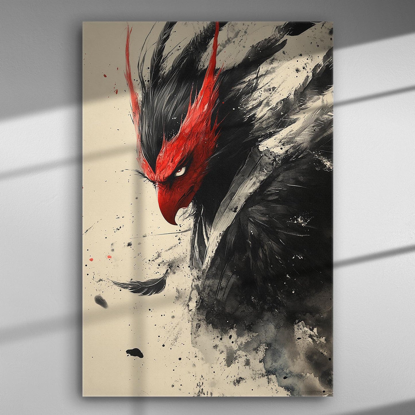 Abstract illustration of a vivid red and black raptor-like bird with intense features and dynamic brush strokes.