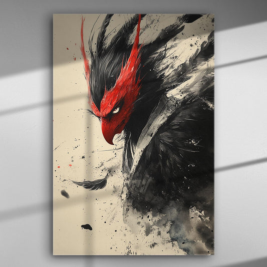 Abstract illustration of a vivid red and black raptor-like bird with intense features and dynamic brush strokes.