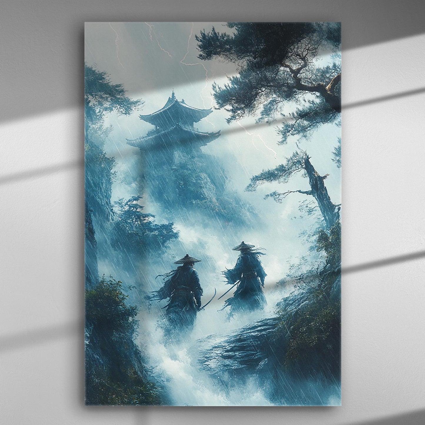 Two shadowy figures, likely Samurai, in a misty Japanese landscape with lightning and rain.