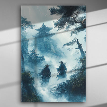 Two shadowy figures, likely Samurai, in a misty Japanese landscape with lightning and rain.