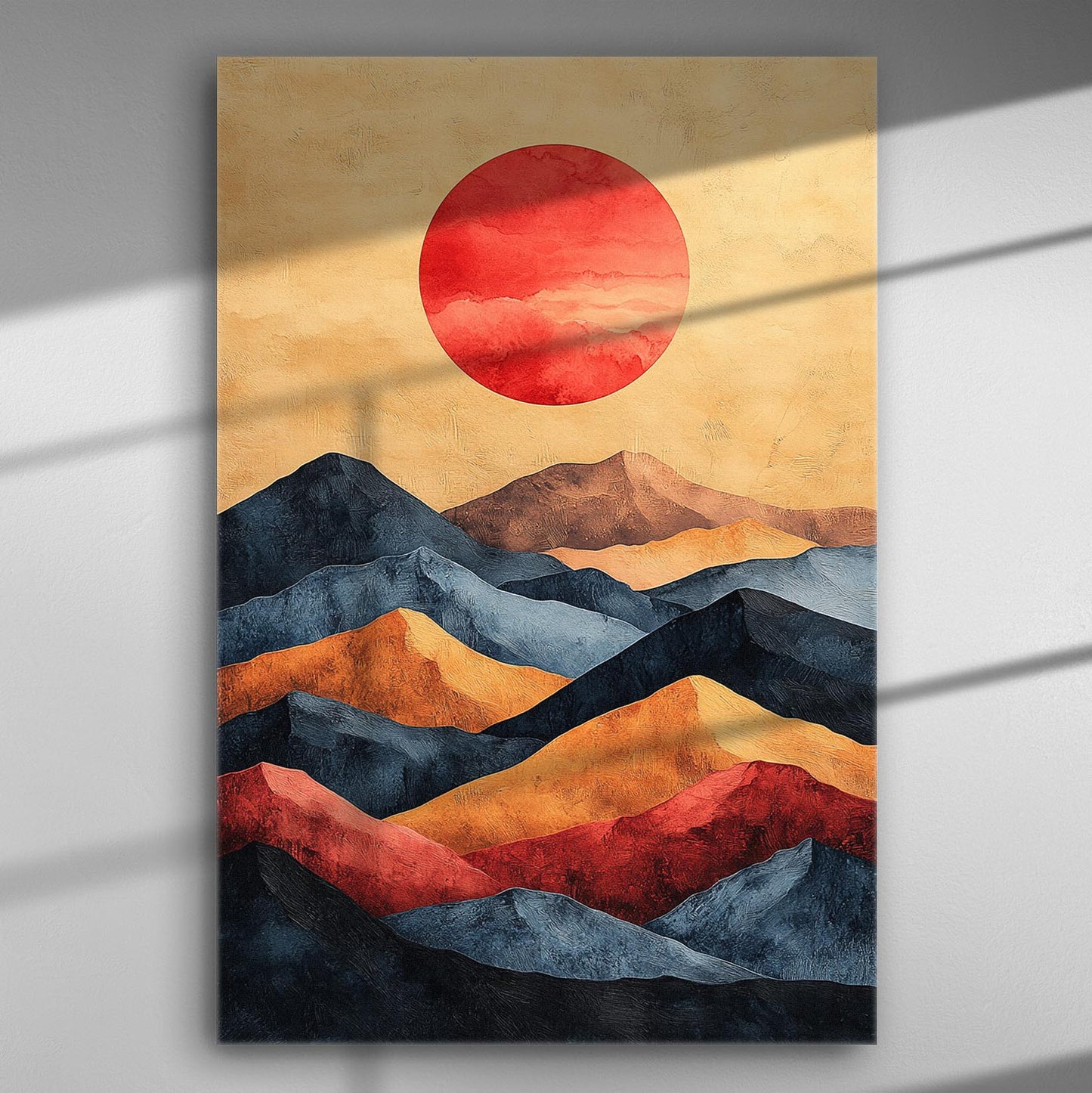 Abstract sunset over mountain landscape canvas art with red sun and layered hills in warm and cool tones.