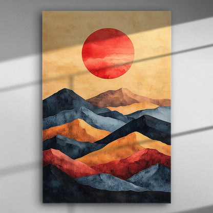 Abstract sunset over mountain landscape canvas art with red sun and layered hills in warm and cool tones.
