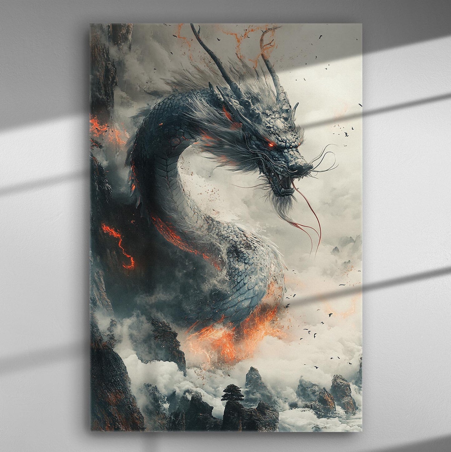 Dragon emerging from smoke and flames in an art canvas print.