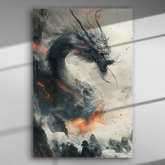 Dragon emerging from smoke and flames in an art canvas print.