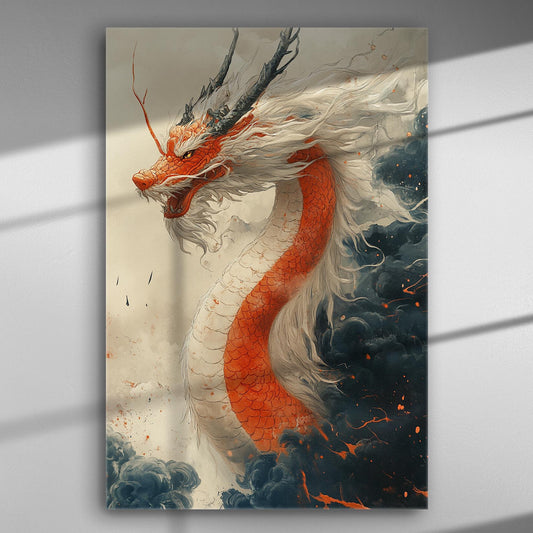 Dragon soaring through clouds with fiery colors, art canvas print.