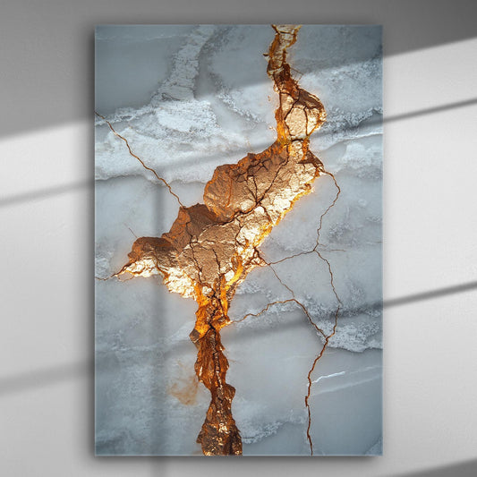 A marble-like canvas print with gold cracks running through it, creating a luxurious and dynamic effect.