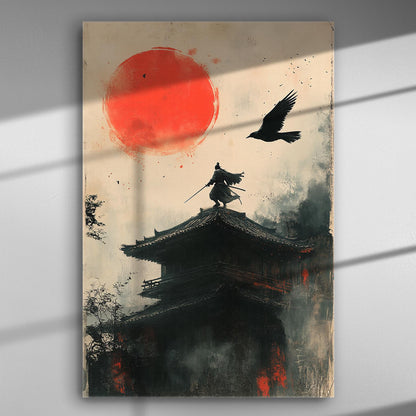 Samurai standing on building with red sun and bird flying.