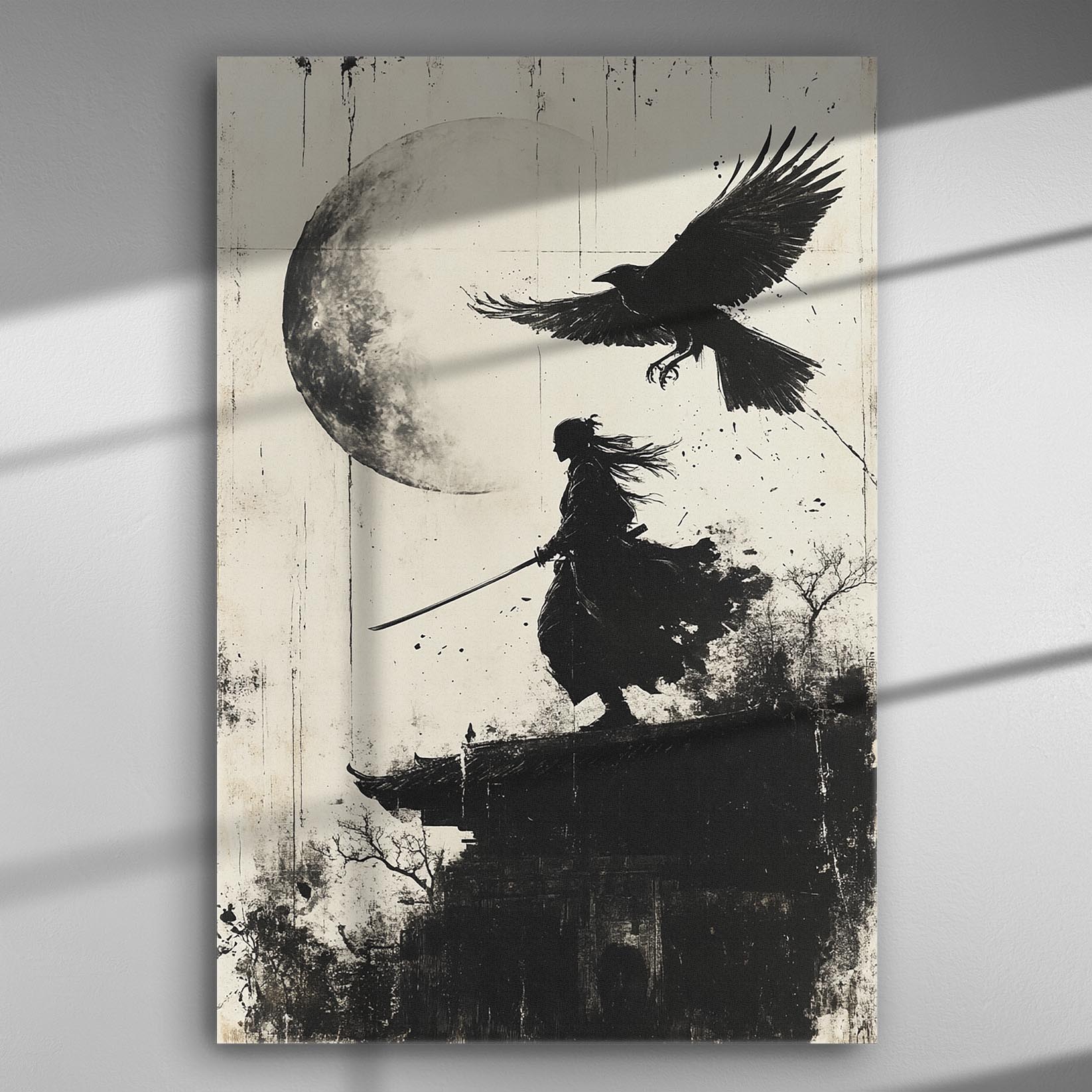 Silhouette of a samurai with a sword under a full moon, with a crow flying nearby in monochrome style.
