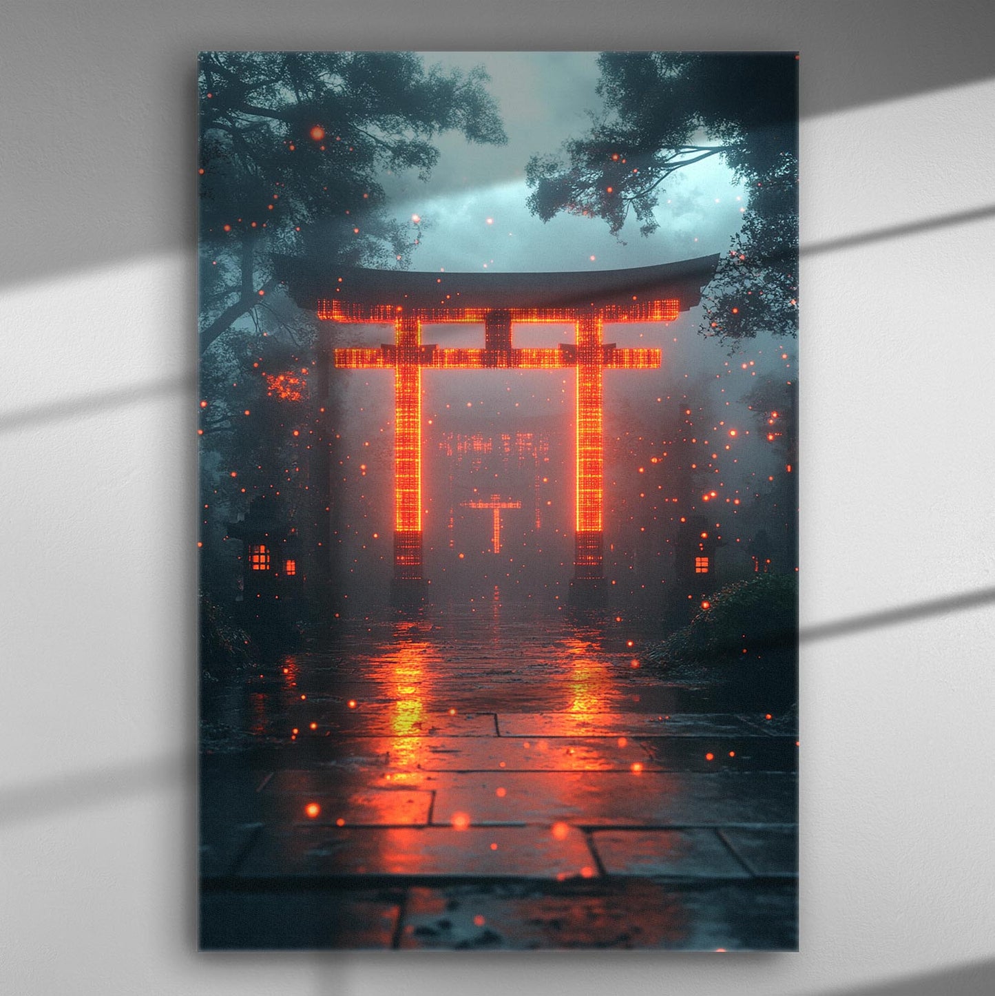 A digitally enhanced tori gate glowing red amidst mist and shadows, creating a mystical atmosphere.
