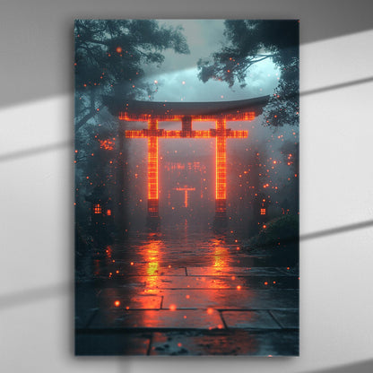 A digitally enhanced tori gate glowing red amidst mist and shadows, creating a mystical atmosphere.