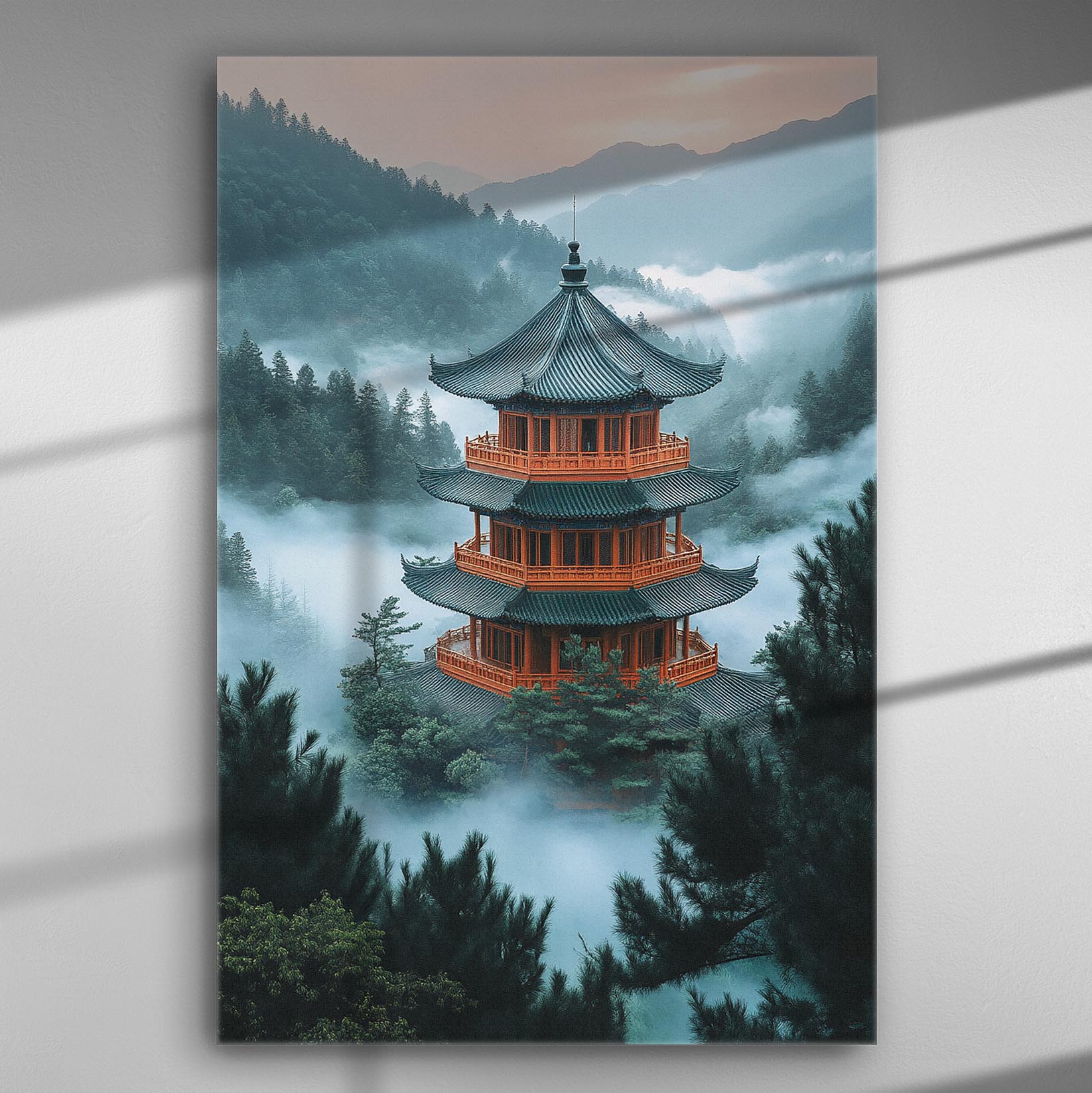 Traditional Eastern tower surrounded by mist and dense forest.