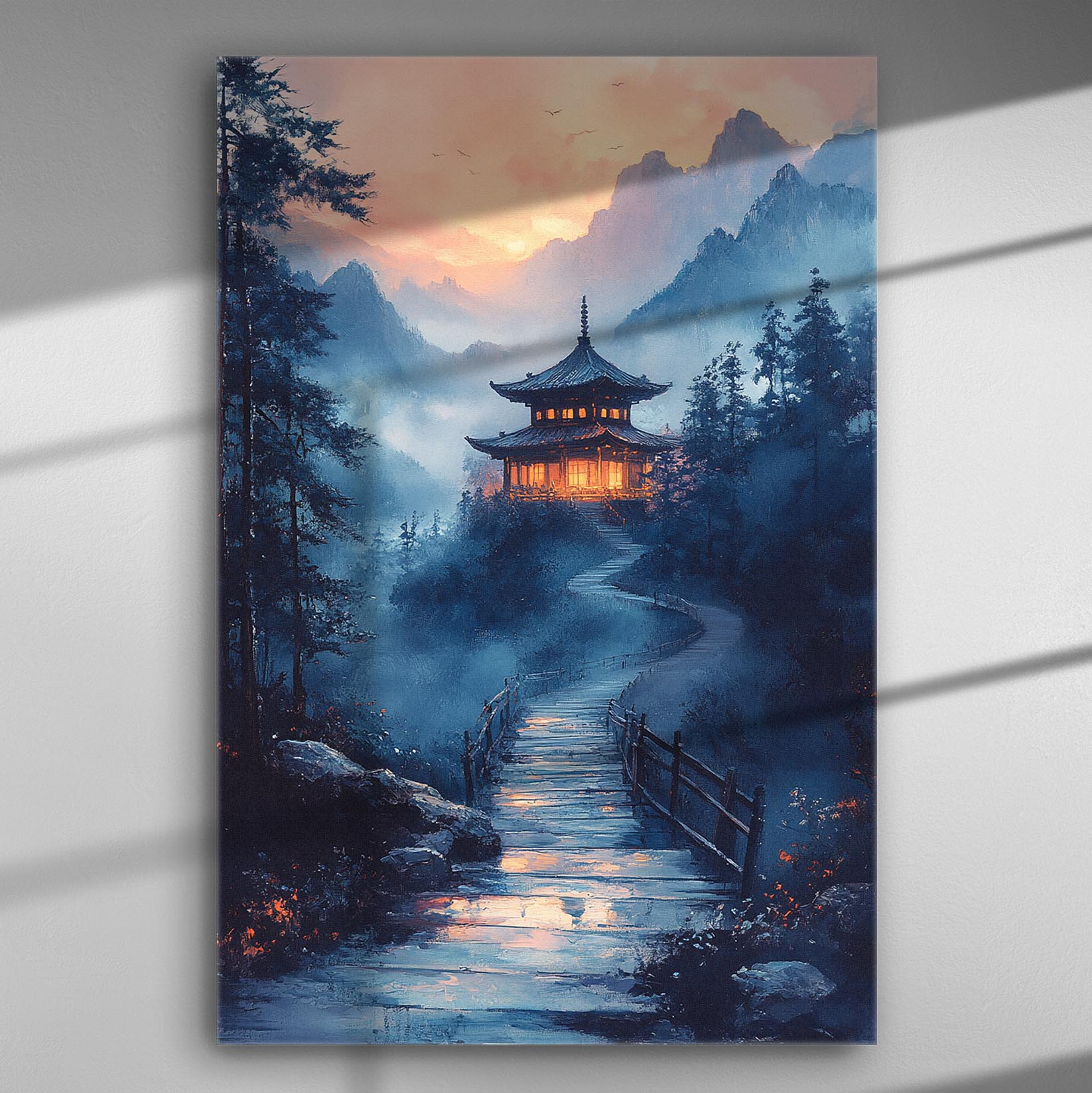 Landscape canvas with a traditional Japanese building, surrounded by mountains and a foggy atmosphere at sunrise.