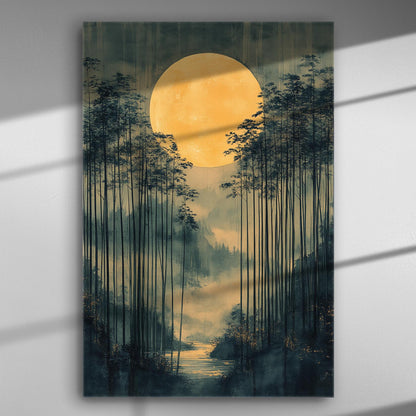 Large moon rising through tall trees in a forest setting on a canvas print.