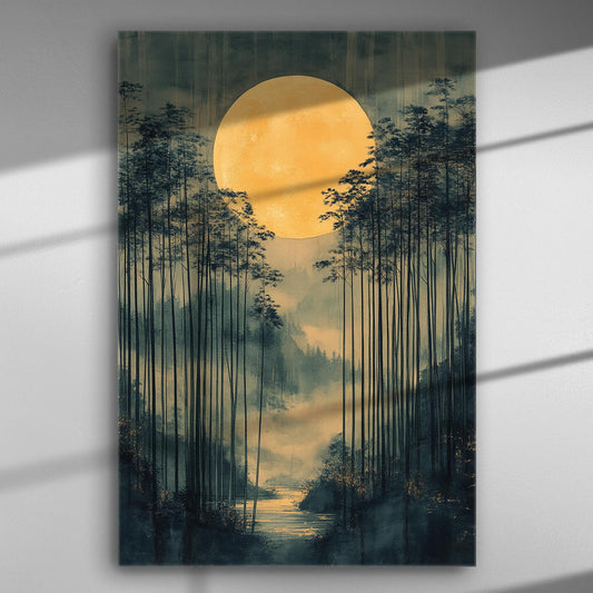 Large moon rising through tall trees in a forest setting on a canvas print.