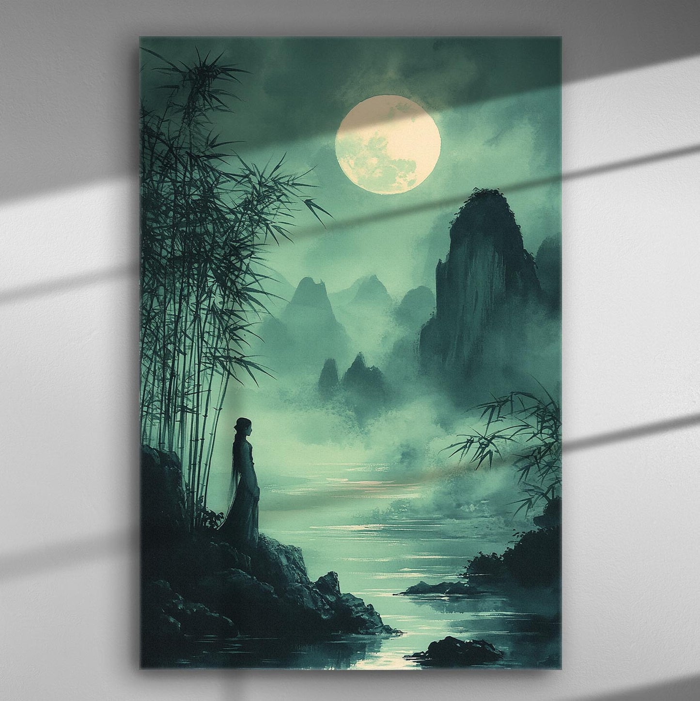 Moonlit night in mountains with silhouette of a person, bamboo, misty hills, and a full moon.
