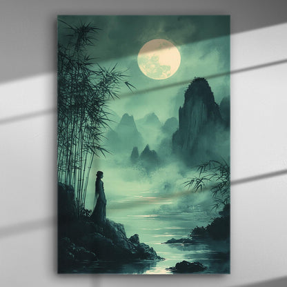Moonlit night in mountains with silhouette of a person, bamboo, misty hills, and a full moon.