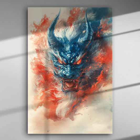 A vibrant canvas featuring a fierce dragon with blue and red colors, surrounded by fire and clouds.
