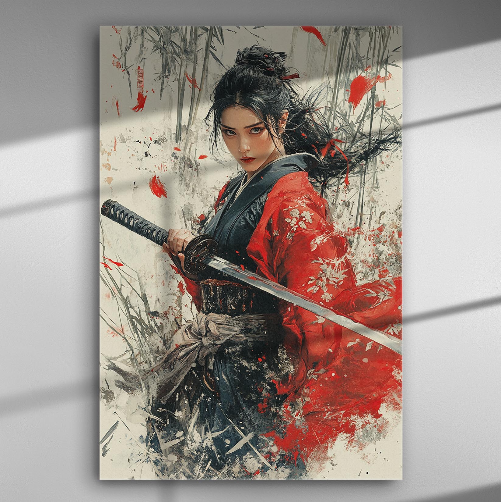 Warrior in red kimono with sword, dynamic and powerful artwork on canvas