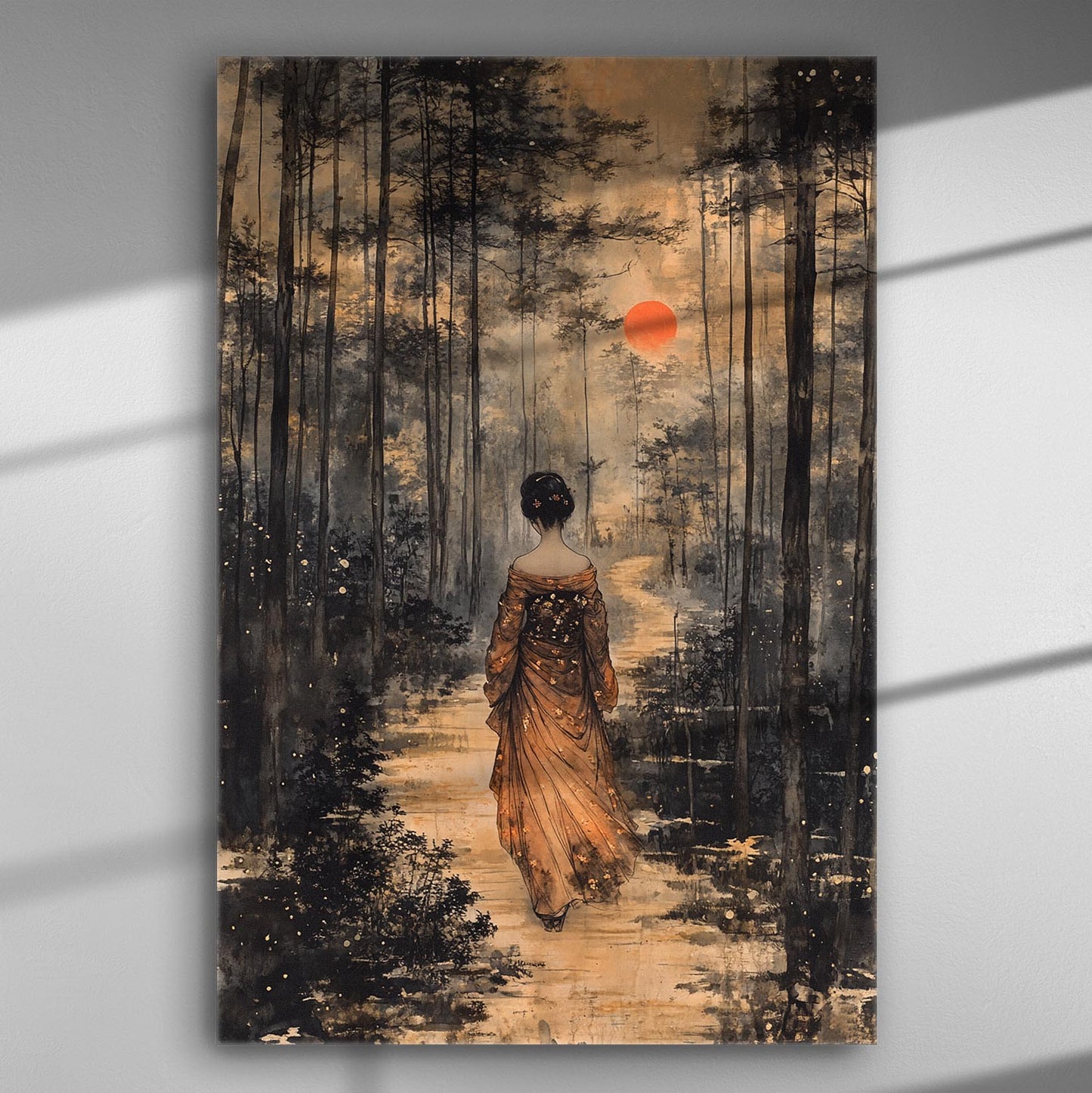 Canvas print of a woman walking in a forest with a sunset in the background.