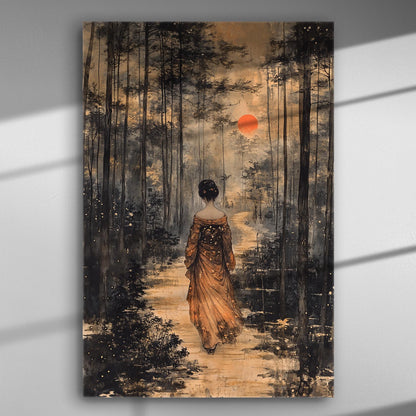 Canvas print of a woman walking in a forest with a sunset in the background.