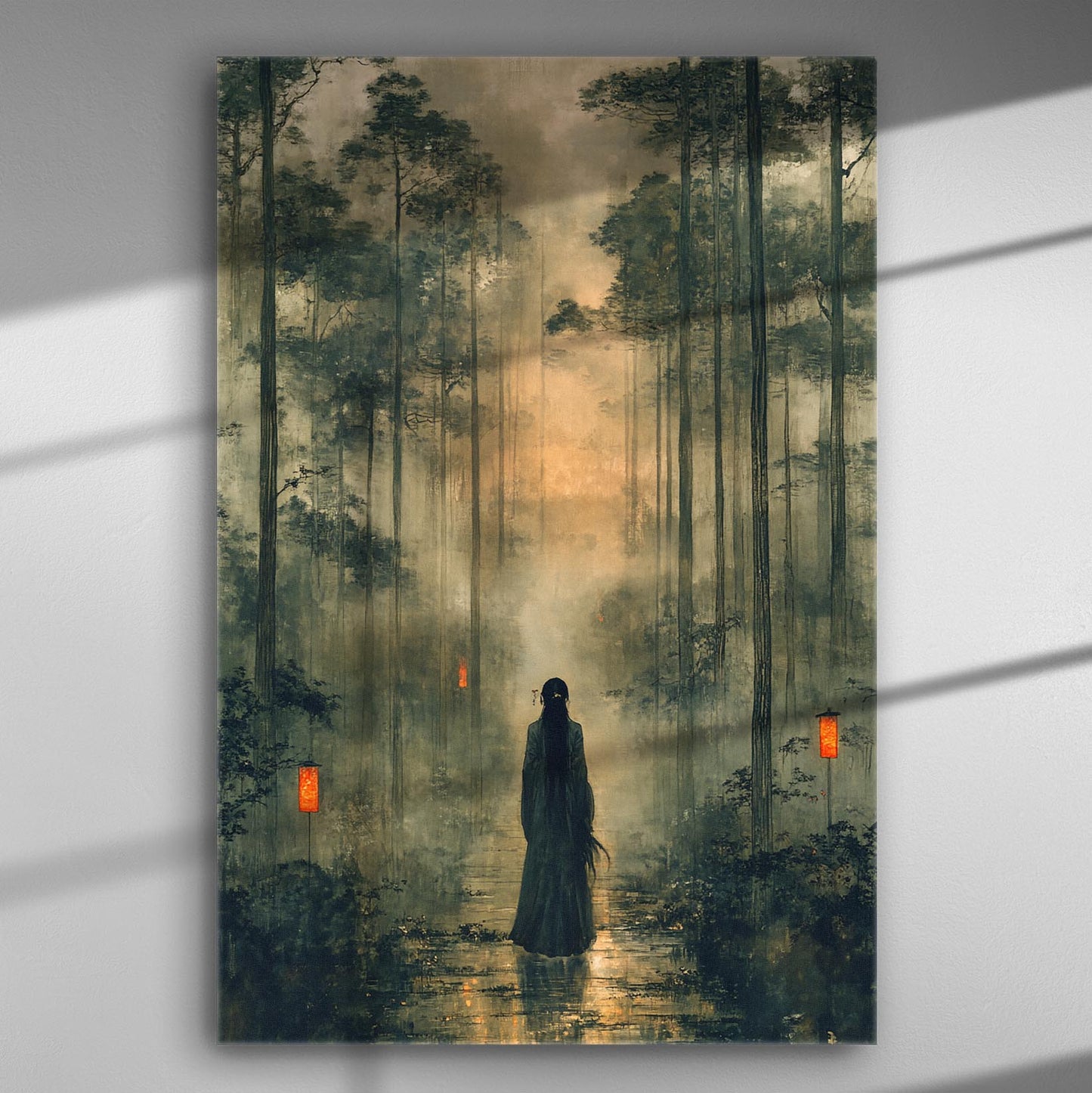 Mystical forest path with a lone figure and red lanterns on canvas.