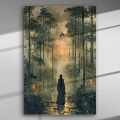 Mystical forest path with a lone figure and red lanterns on canvas.