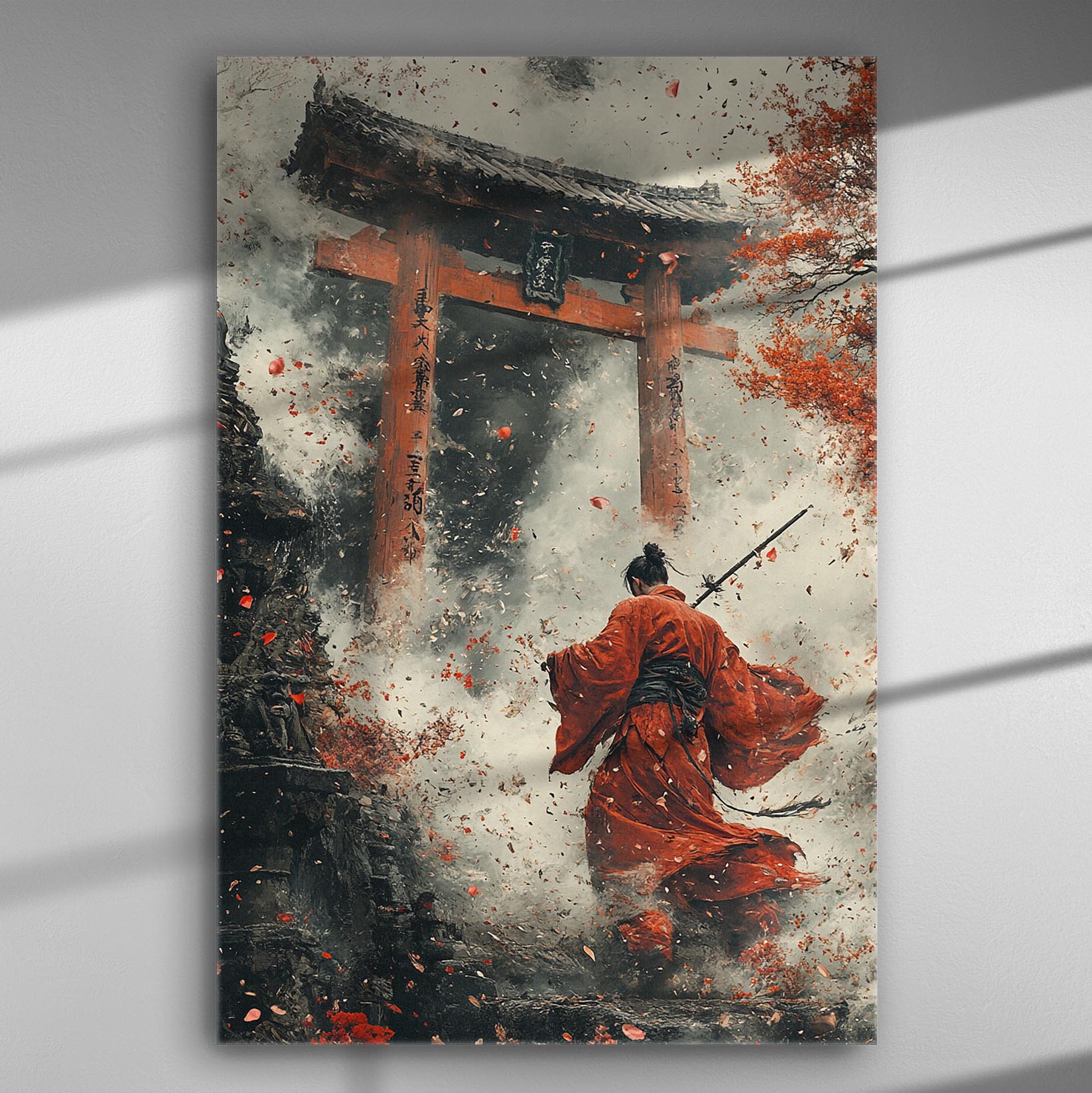 Japanese warrior in traditional attire standing before a torii gate amidst a storm of petals and mist.