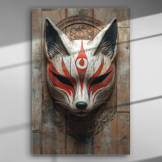 Japanese fox mask with red markings on a textured wooden background canvas art
