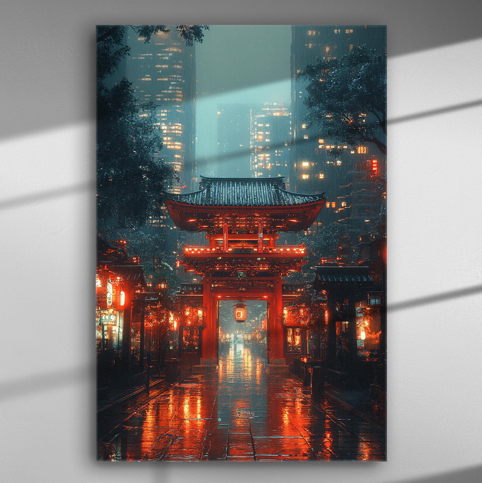 Japanese night scene with a traditional gate and city lights on a rainy street canvas print.