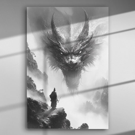 Samurai confronts a dragon among misty mountains in a dramatic black and white scene.