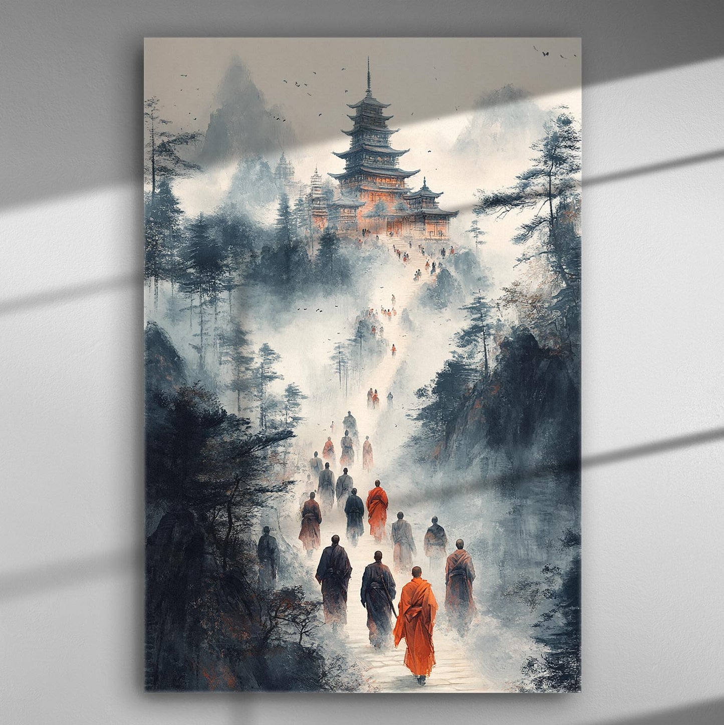 Canvas print of monks walking toward an ancient temple veiled in misty mountains.