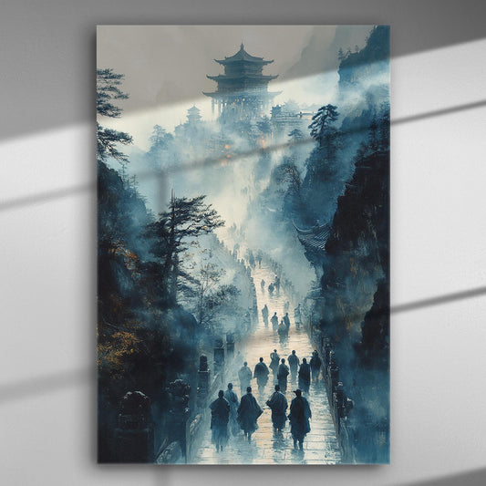 Misty path leading to traditional architecture with figures walking, captured in cool blue tones for a serene effect.