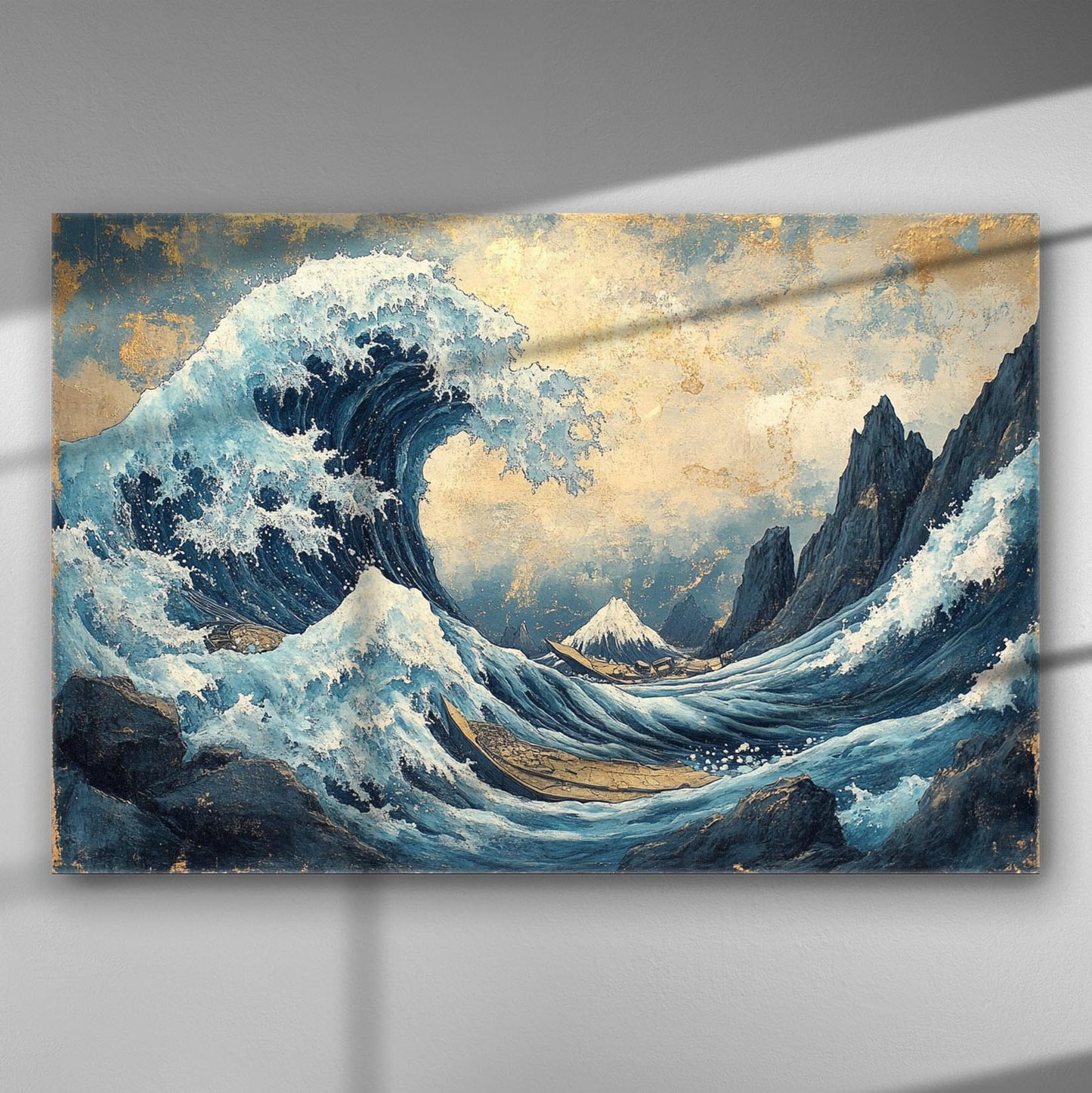 A dramatic wave with a mountain in the background on a canvas print.