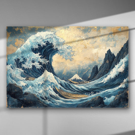 A dramatic wave with a mountain in the background on a canvas print.