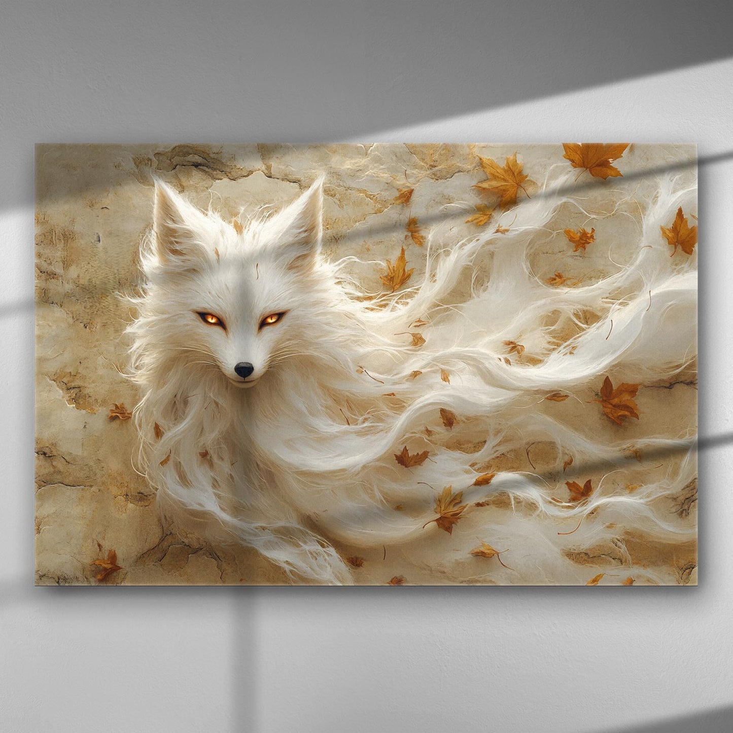 White fox with flowing mane and bright eyes surrounded by autumn leaves on canvas.