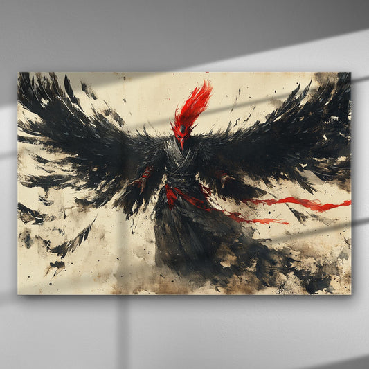 Dramatic painting of a dark-winged figure with flaming red head on canvas.