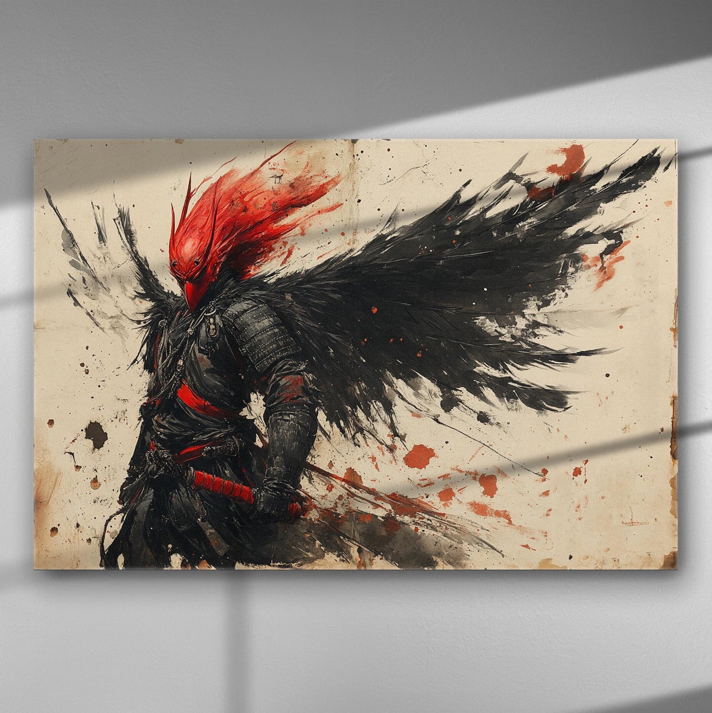 Dark warrior with red mask and black wings on a canvas print.