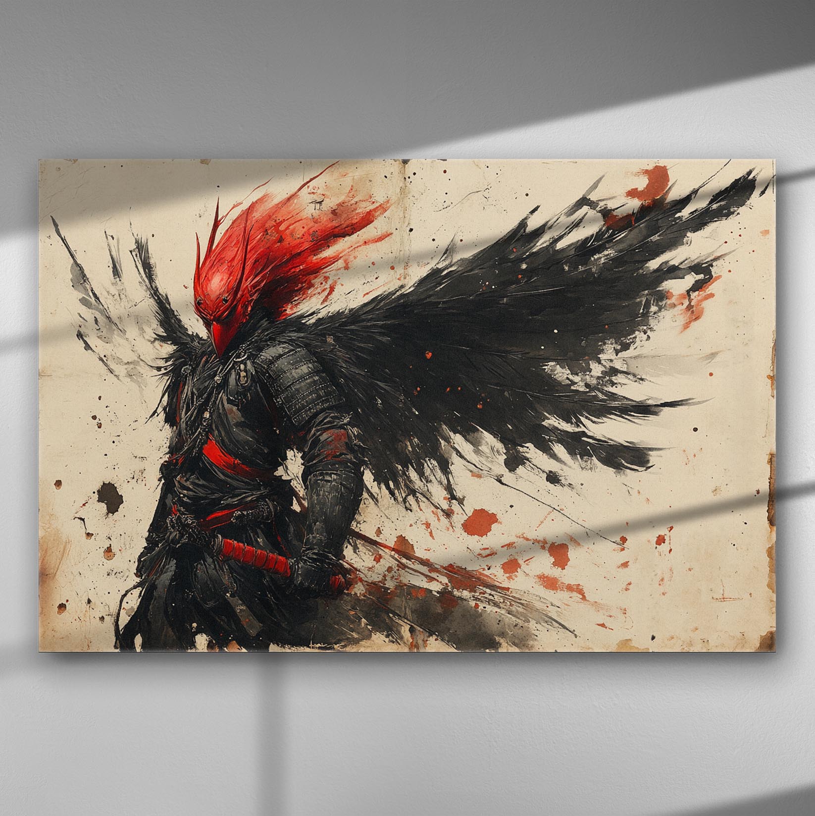 Dark warrior with red mask and black wings on a canvas print.
