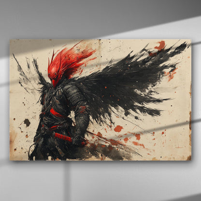 Dark warrior with red mask and black wings on a canvas print.