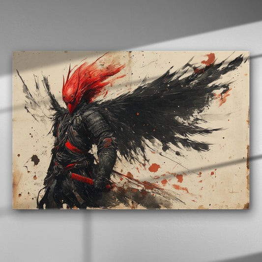 Dark warrior with red mask and black wings on a canvas print.