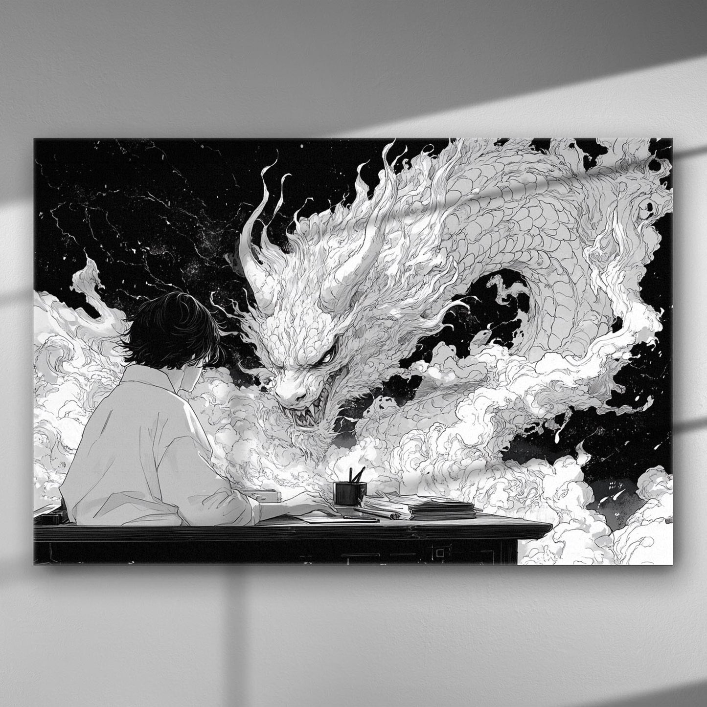 Black and white artwork of a person sitting at a desk facing a mythical dragon in clouds.