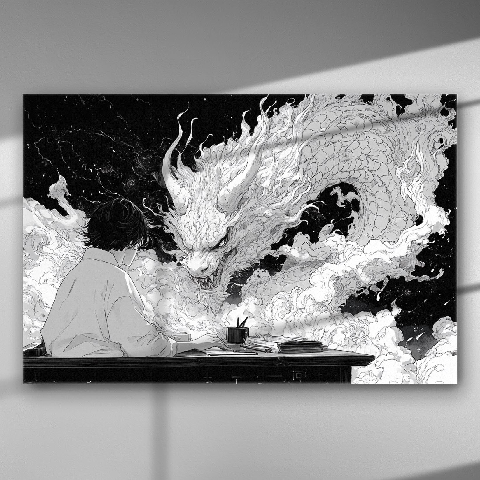 Black and white artwork of a person sitting at a desk facing a mythical dragon in clouds.