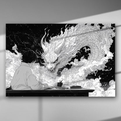 Black and white artwork of a person sitting at a desk facing a mythical dragon in clouds.